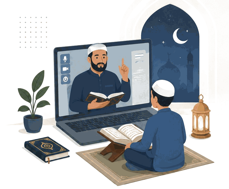 A child reading the Quran at home during a live one-to-one online class with a Mehral Institute teacher